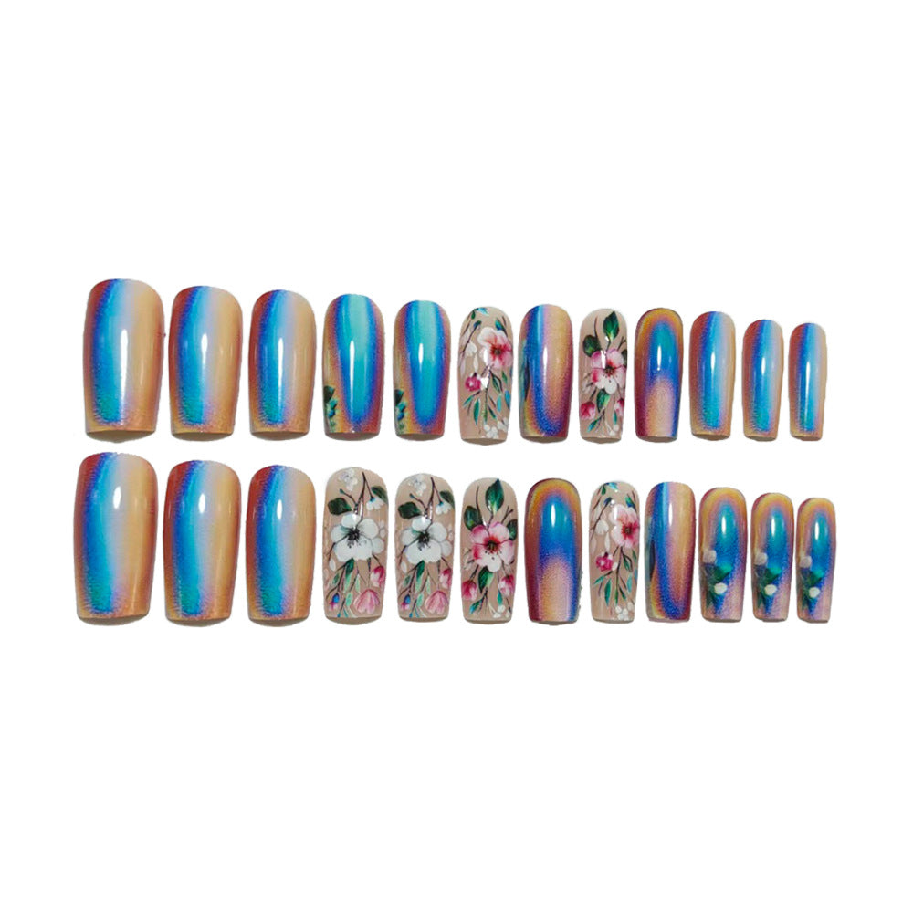 Artificial nails with elegant floral designs and holographic effect Kalsten