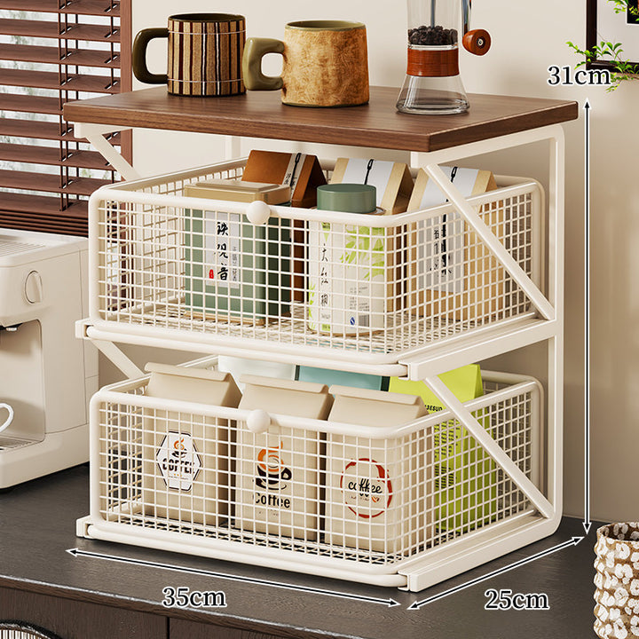 Countertop Coffee Station Organizer with Wooden Top and Metal Wire Basket