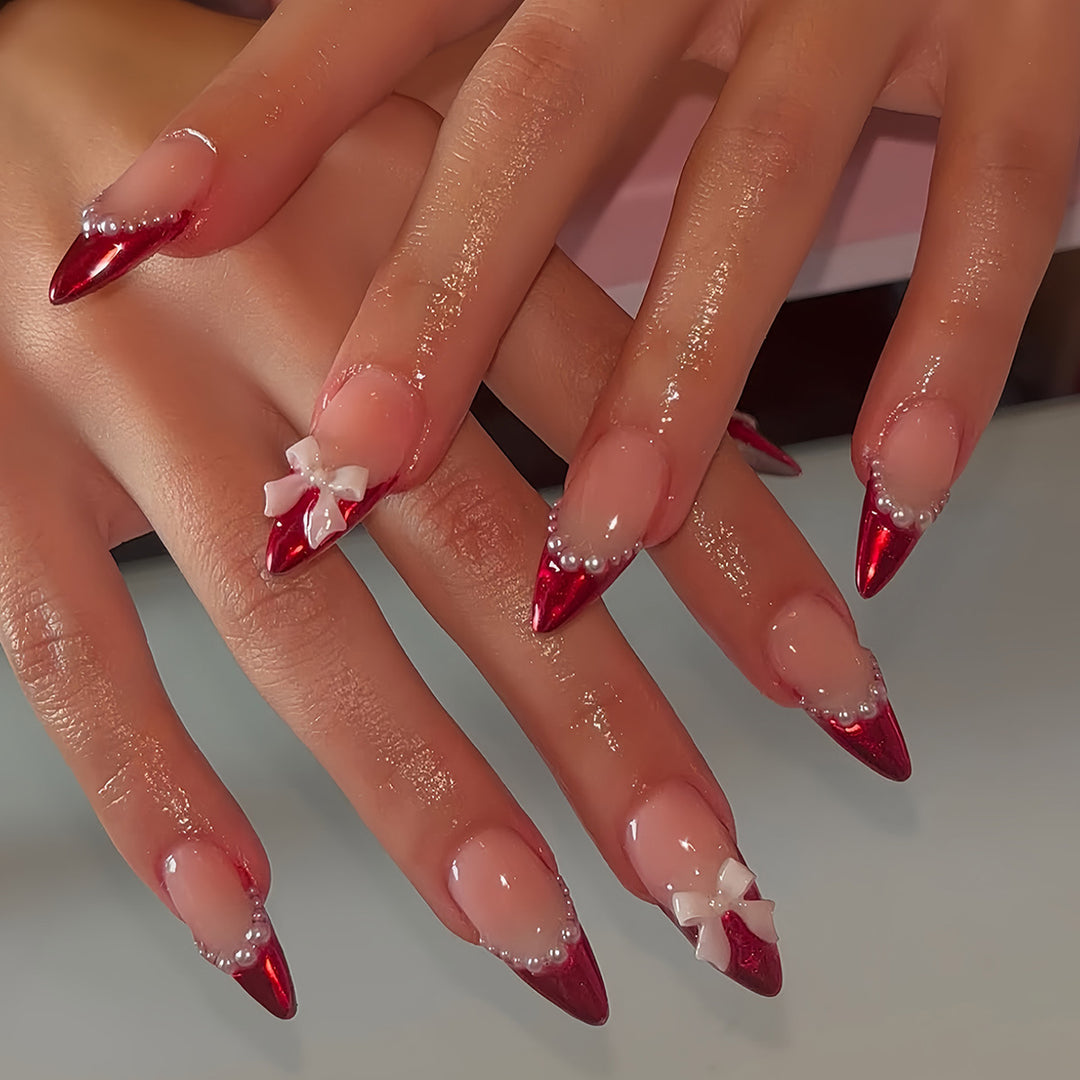 Decorative Stiletto Press-On Nails with Pearls and Bow Accents Kalsten
