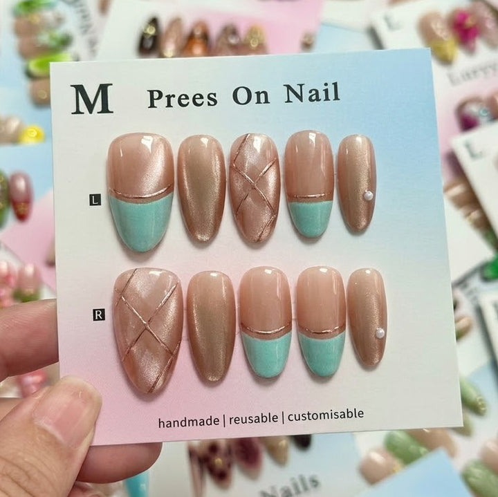 Artistic Press-On Nail Set with Gold Accents