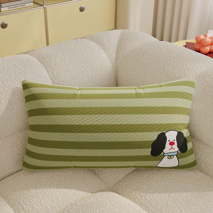 Striped Knit Lumbar Pillow Cover with Embroidered Cartoon Dog Accent