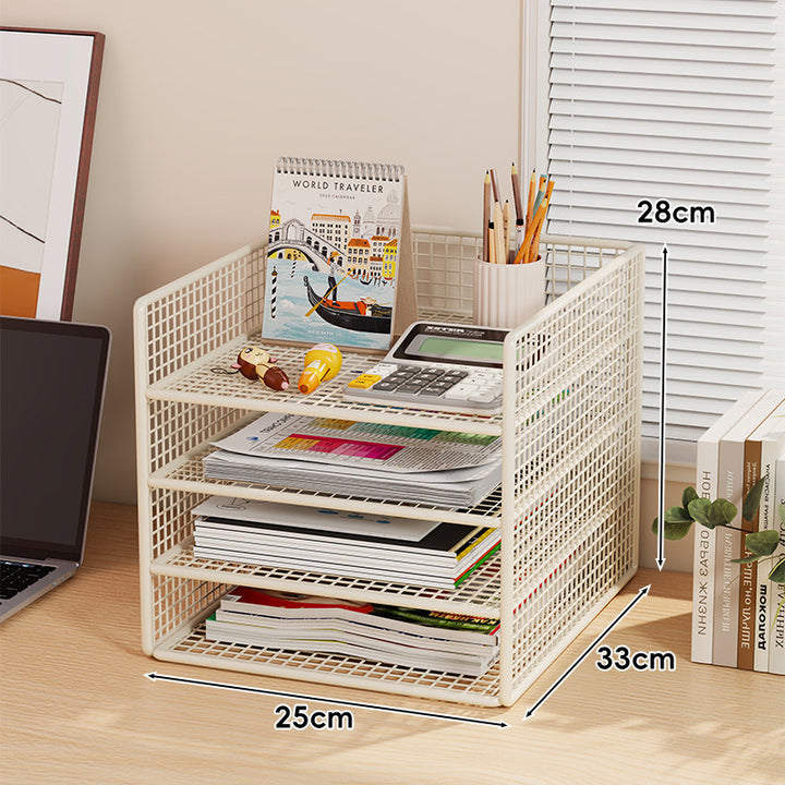 Multi-Tier Metal Mesh Desktop Document and Office Supply Organizer with Pull-Out Trays