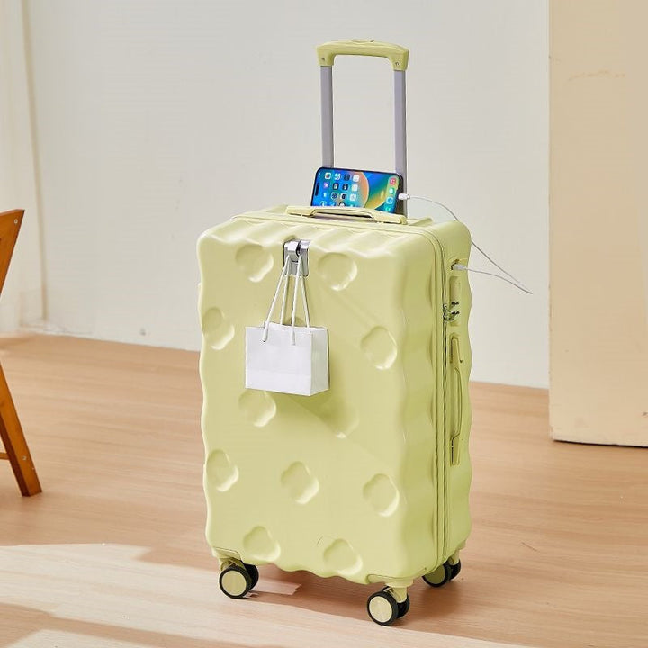 hard-shell carry-on suitcase with integrated foldable cup holder phone cradle USB charging port and external bag hooks Kalsten