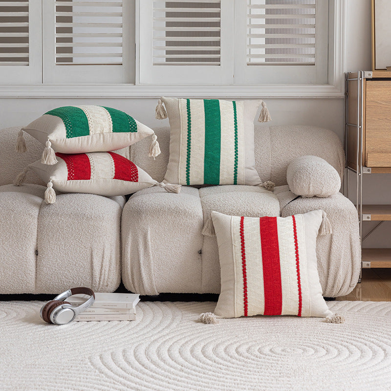 Handwoven Striped Tassel Lumbar Throw Pillow Cover with Hidden Zipper