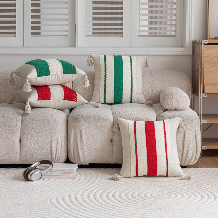 Handwoven Striped Tassel Lumbar Throw Pillow Cover with Hidden Zipper