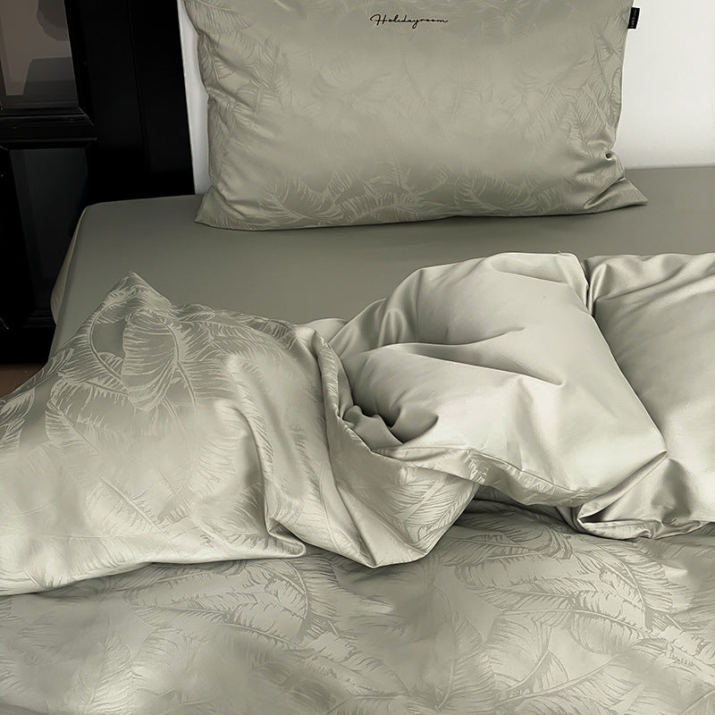 Premium Satin Bed Linen Set with Embossed Monstera Leaf Relief and Wrinkle-Free Finish