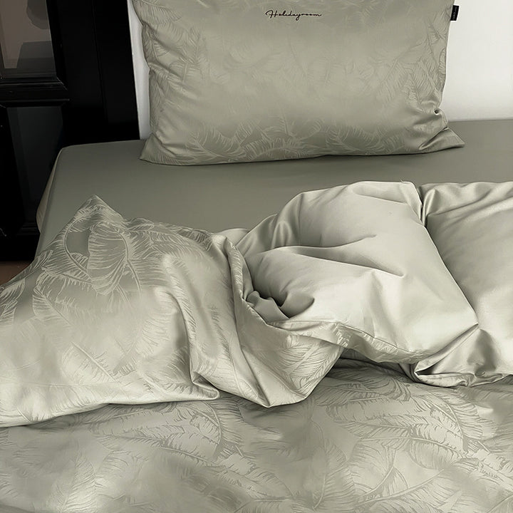 Premium Satin Bed Linen Set with Embossed Monstera Leaf Relief and Wrinkle-Free Finish