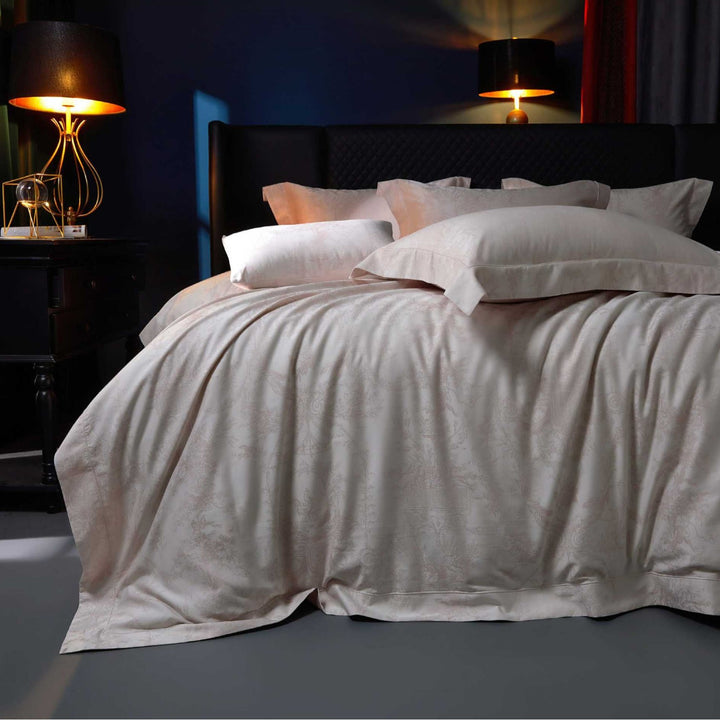 Fine woven jacquard bedding set with tone-on-tone ornamentation and flap edge