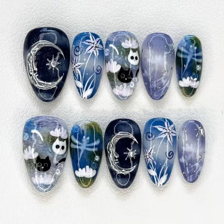 Artistic Press-On Nail Art Set with Nature-Inspired Designs Kalsten