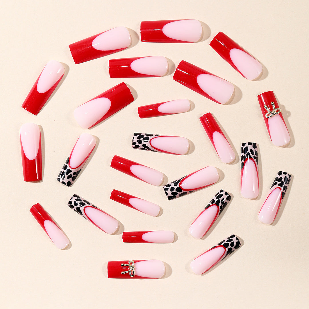 Stylish Acrylic Nail Extensions with Bow and Leopard Print Kalsten