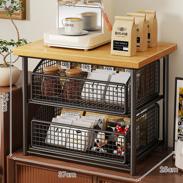 Countertop Wooden-Top Sliding Mesh Storage Basket Organizer with Metal Frame