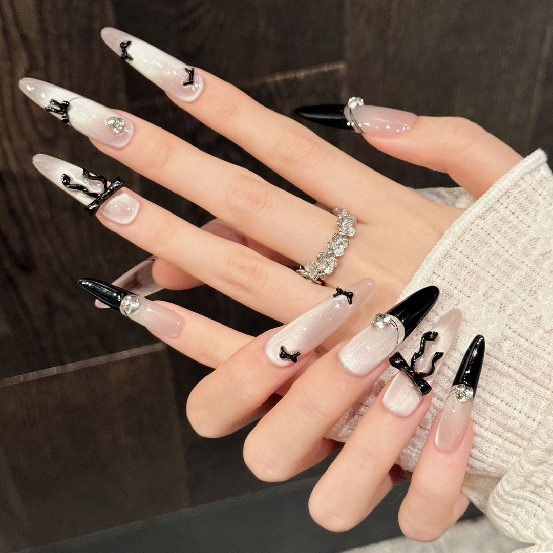Artistic Stiletto Press-On Nail Art Set with Gem Accents
