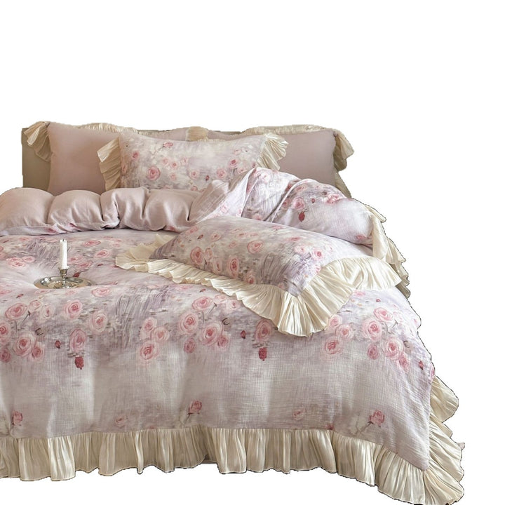 Romantic bedding set with floral watercolor look, ruffles and satin trim