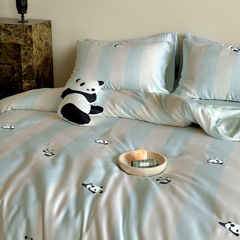 Satin bedding set with silky glossy striped design and subtle panda illustration