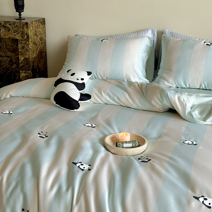 Satin bedding set with silky glossy striped design and subtle panda illustration