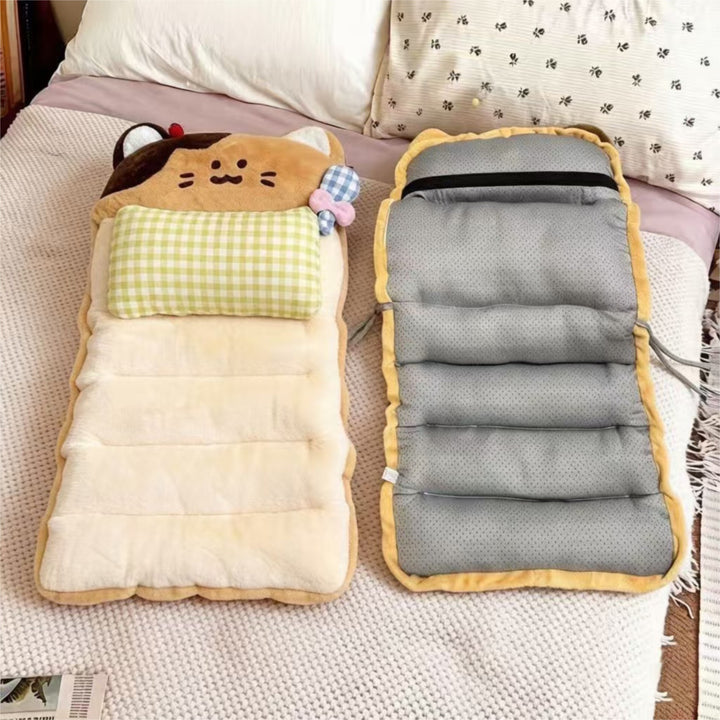 Plush seat cushion with high backrest and removable lumbar pillow in cute cat design