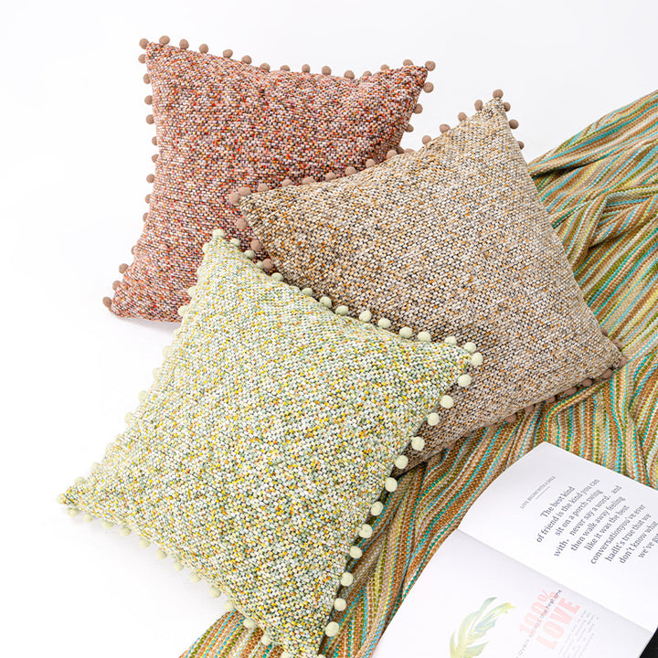 Decorative Textured Bouclé Throw Pillow Set with Pom-Pom Trim