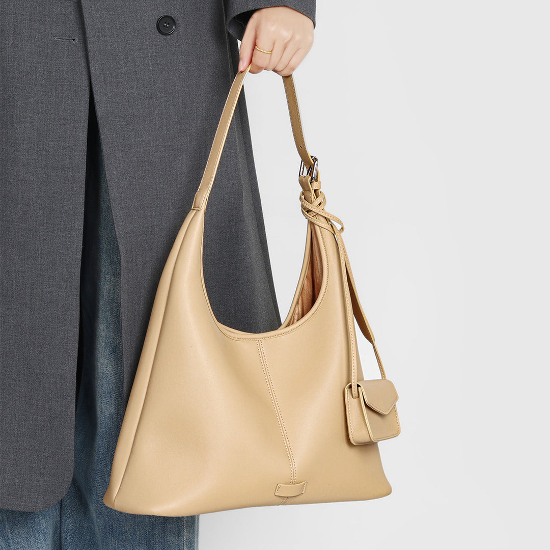 Soft Curved Vegan Leather Shoulder Hobo with Detachable Mini Pouch