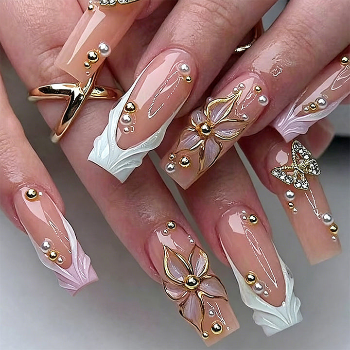 Artificial nail set with elegant floral and glitter decorations Kalsten
