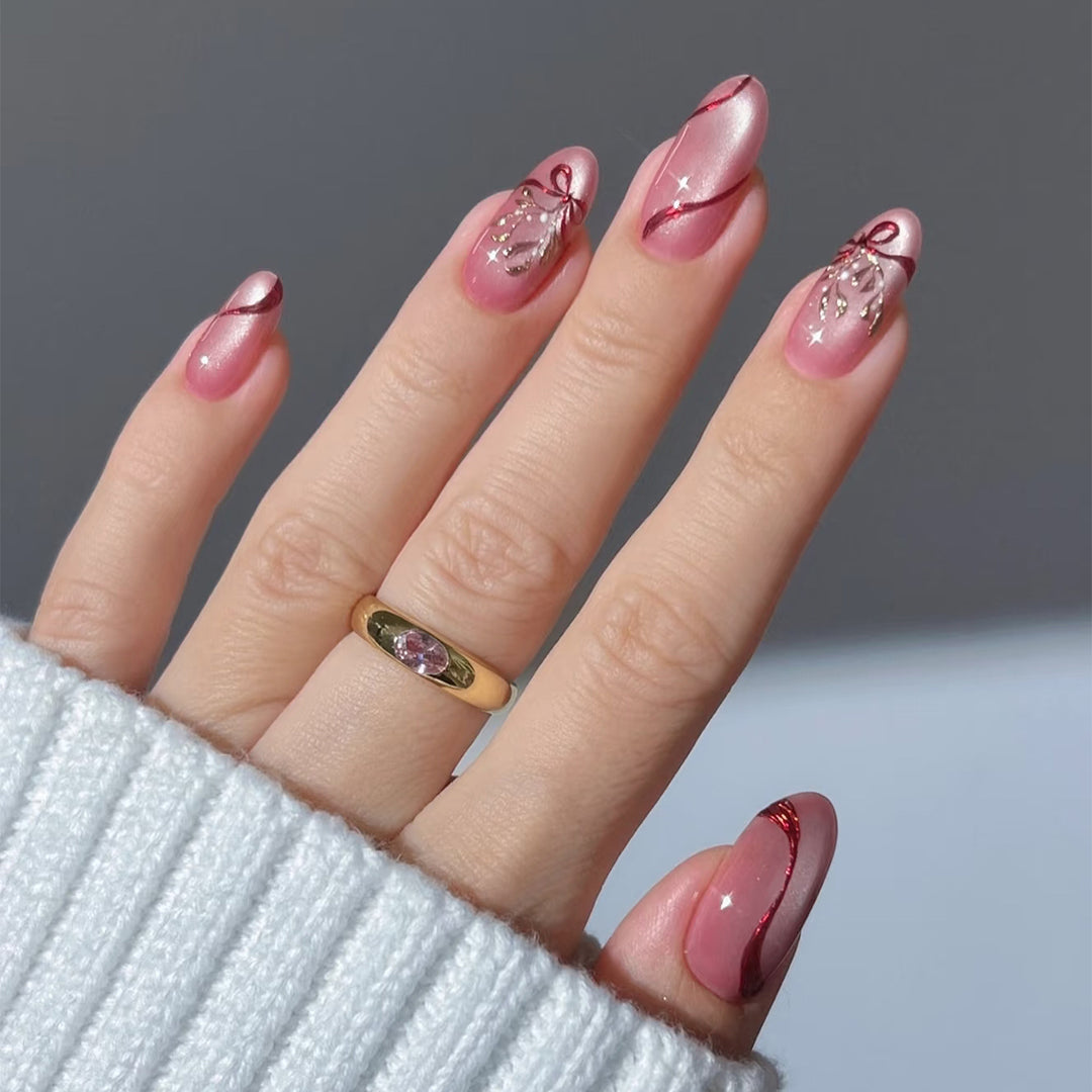 Elegant Ribbon-Embellished Press-On Nail Art Kalsten