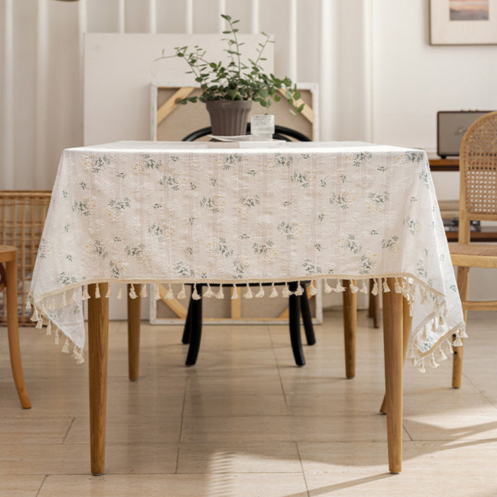 Rectangular Linen-Blend Tassel-Trim Dining Tablecloth with Scattered Dot Embroidery