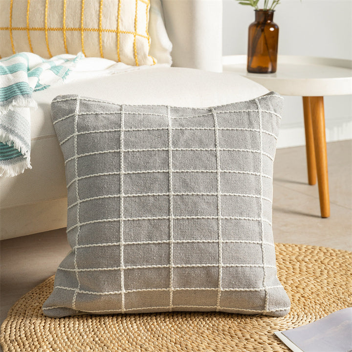 Woven decorative cushion cover made of cotton-linen with raised checkered pattern and concealed zipper