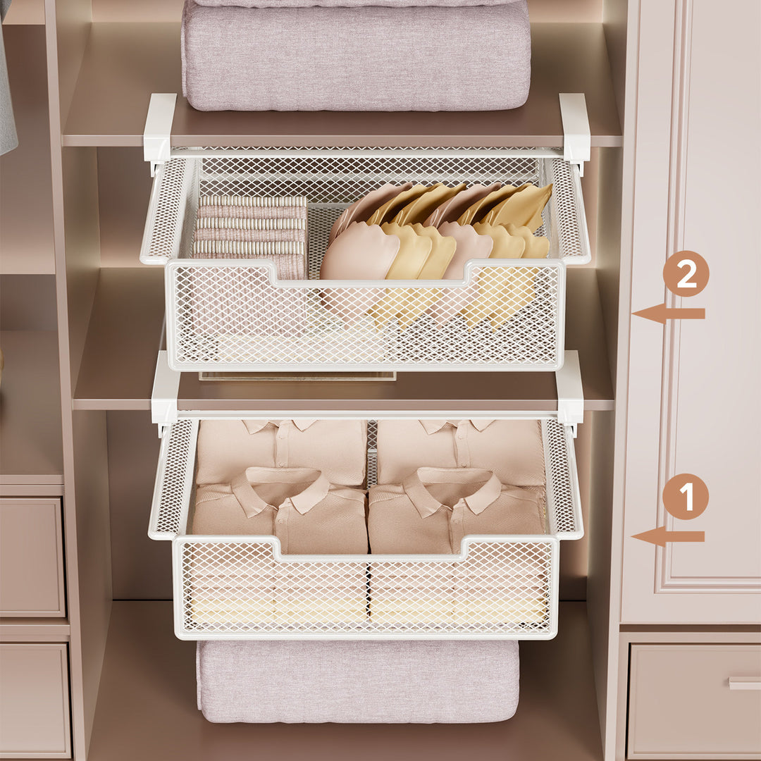 Pull-Out Under-Shelf Ventilated Metal Mesh Storage Drawer for Wardrobe and Closet Organization