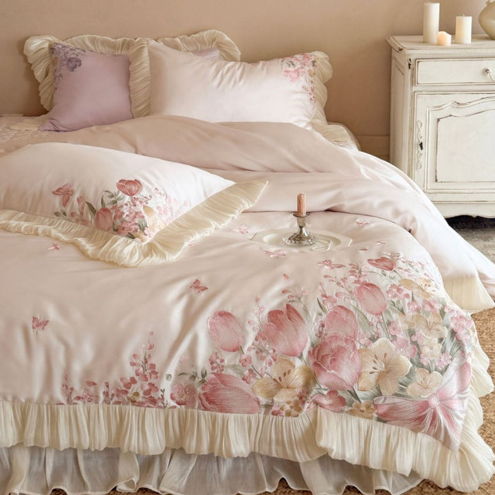 Luxurious embroidered satin bedding set with ruffles and floral details