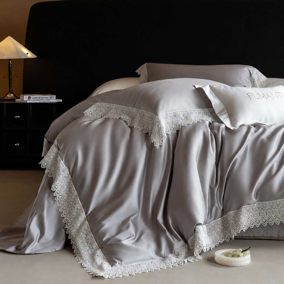 Luxurious satin bedding set with fine lace edging