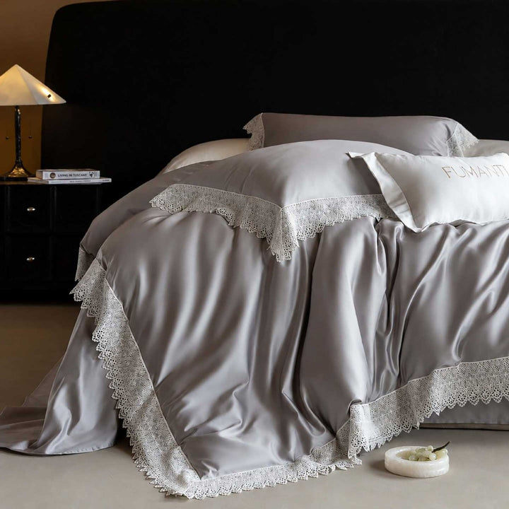 Luxurious satin bedding set with fine lace edging