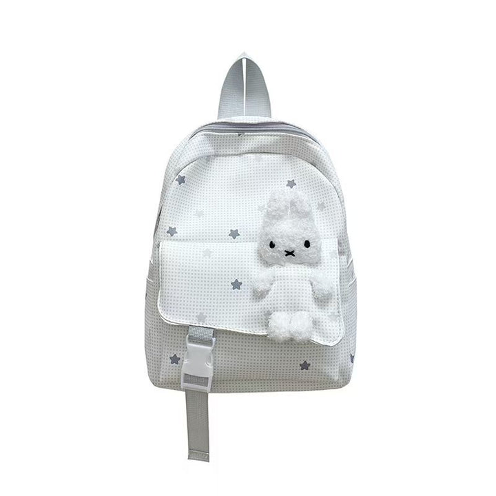 Backpack with Playful Checkered Pattern and Cute Plush Pendant Kalsten
