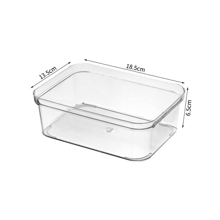 Transparent storage box for refrigerator and cupboard with narrow front opening and anti-slip nubs