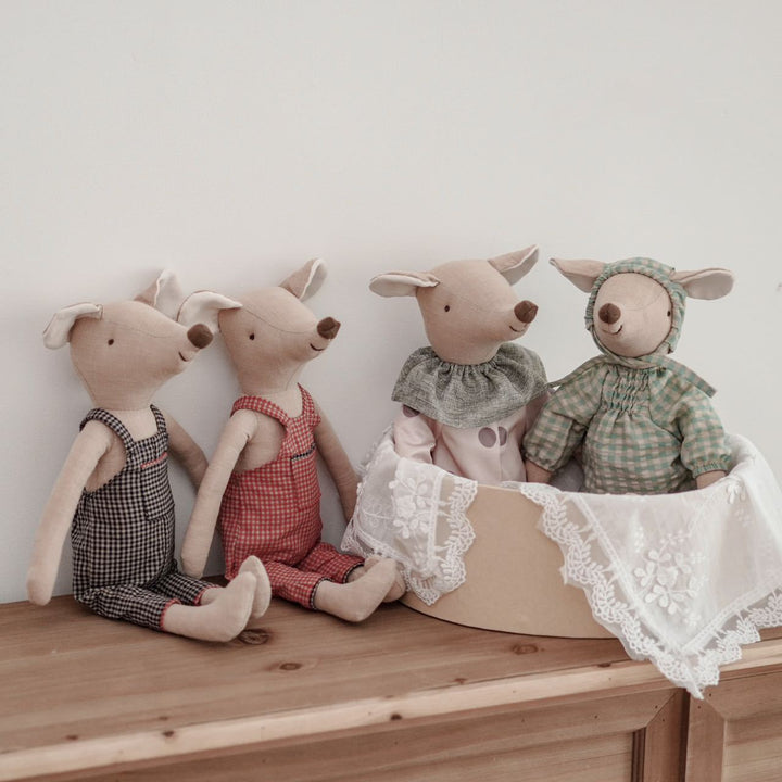 Handmade Linen Plush Mouse Doll with Gingham Overalls
