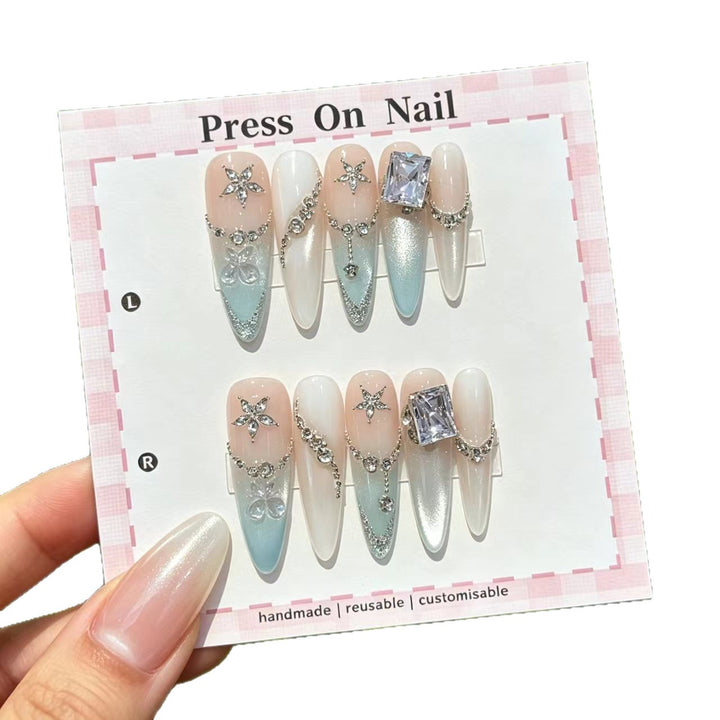 Artistic Press-On Nail Art Set with Jewel Accents