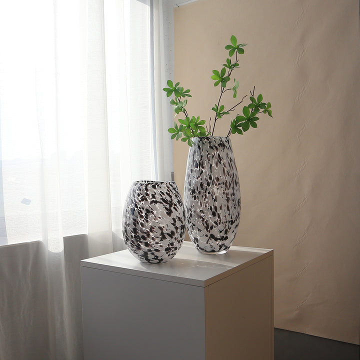 Handblown Speckled Art Glass Vase Pair with Sculptural Tall-and-Short Silhouettes Kalsten