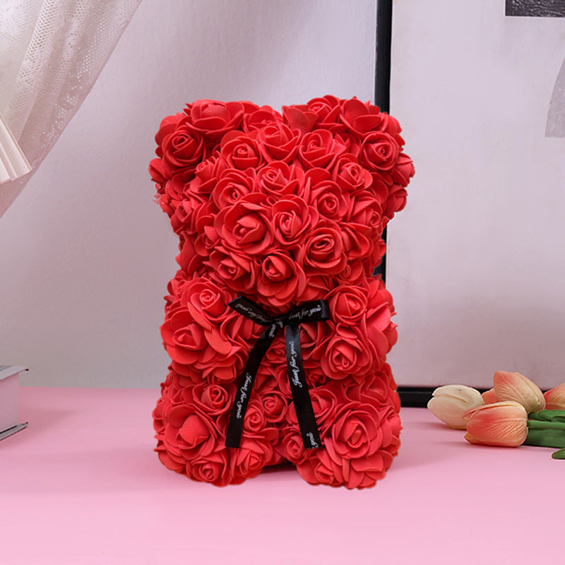 Foam Rose Teddy Bear Gift Sculpture With Satin Ribbon Bow
