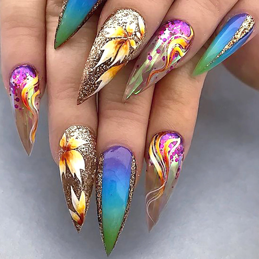 Artistic Stiletto Press-On Nail Art with Floral Accents