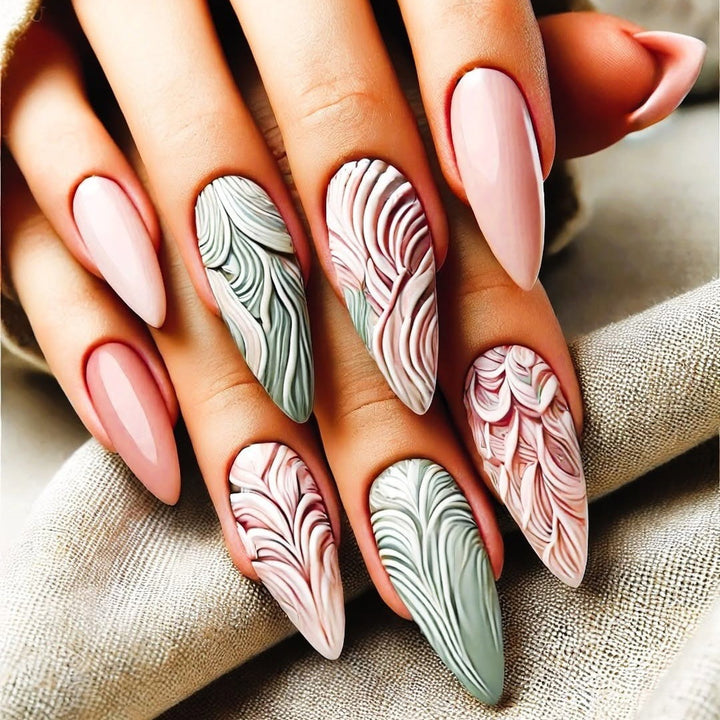Artificial Nails Set with Modern Marble and Flower Patterns Kalsten