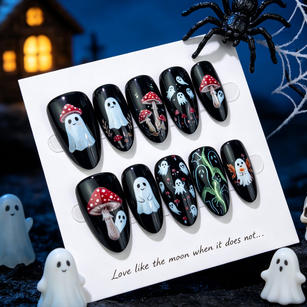 Haunted Mushroom-Themed Press-On Nail Art
