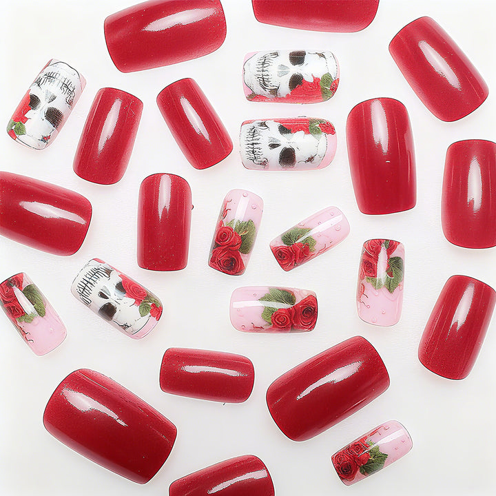 Artistic Nail Tips with Skull and Rose Pattern Kalsten