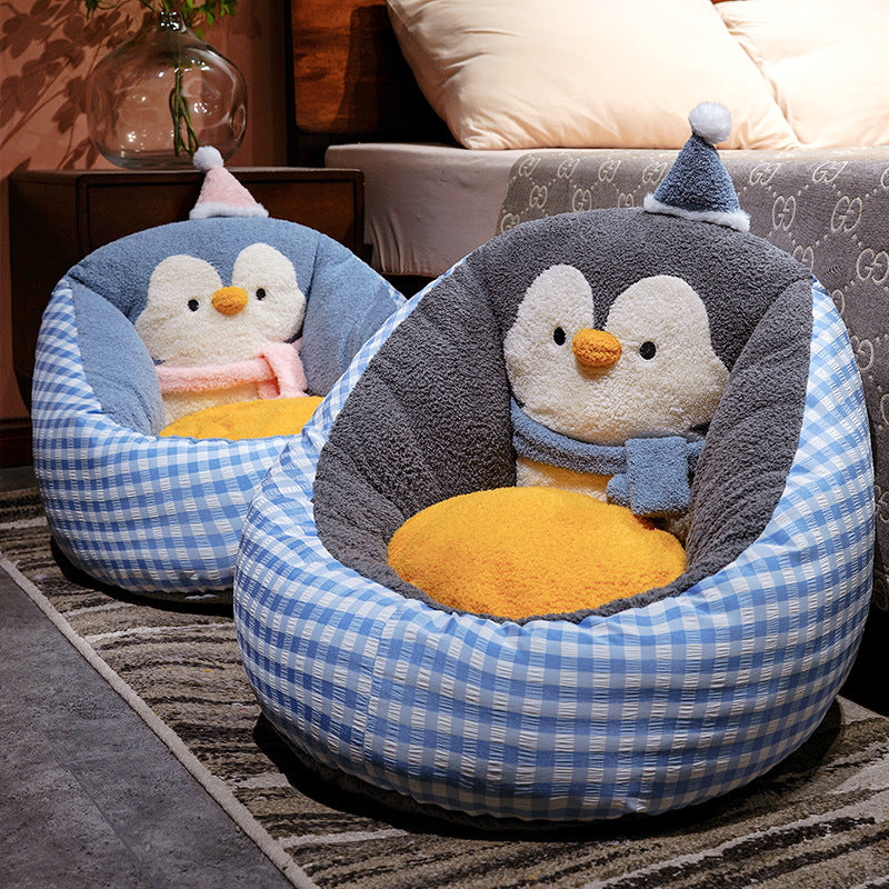 Cozy pet bed with plush penguin back support and ergonomic cuddle pillow