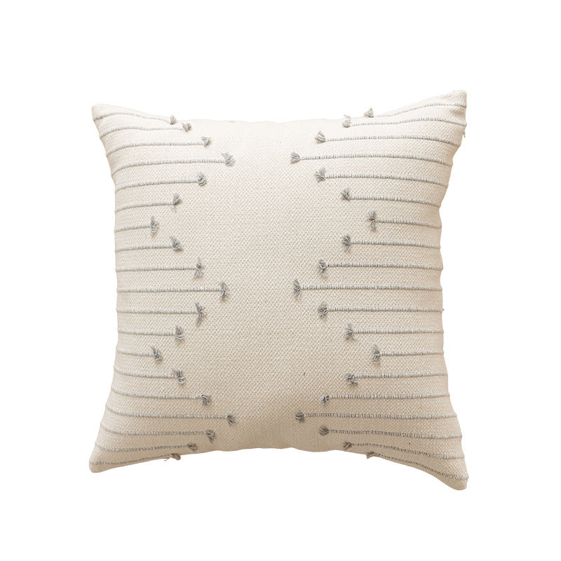 Handwoven Cotton Square Throw Pillow Cover with Tufted Linear Embroidery and Hidden Zipper