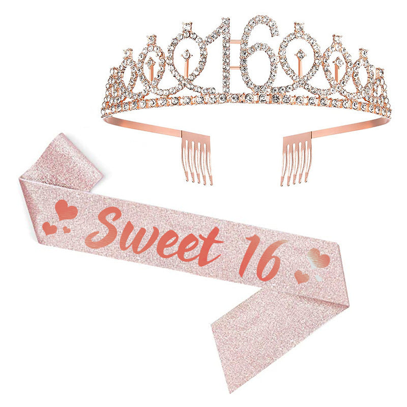 Girl Glittering Birthday Crown and Sash Set Kalsten