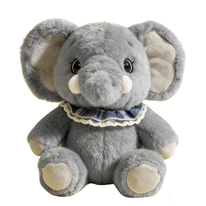 Plush Elephant Sitting Cuddler with Lace-Trimmed Plaid Collar & Bean-Fill Base Kalsten