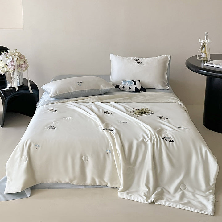 Silky shiny satin bedding set with cute panda embroidery