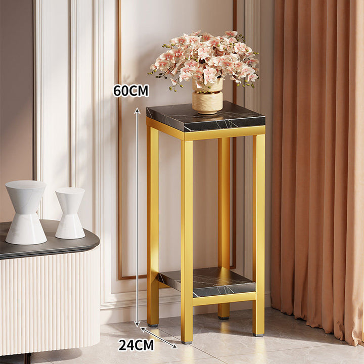 Tall Narrow Marble-Top Plant Stand Side Table with Lower Shelf and Gold Metal Frame