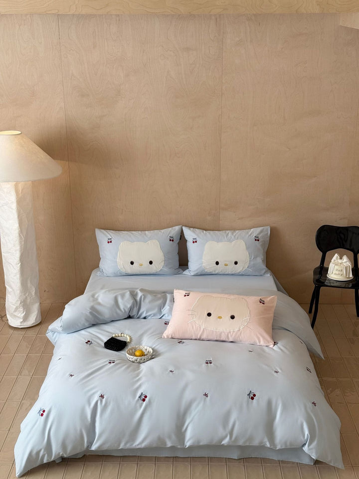 Cute embroidered bedding set with cat applique and cherry motif Kalsten