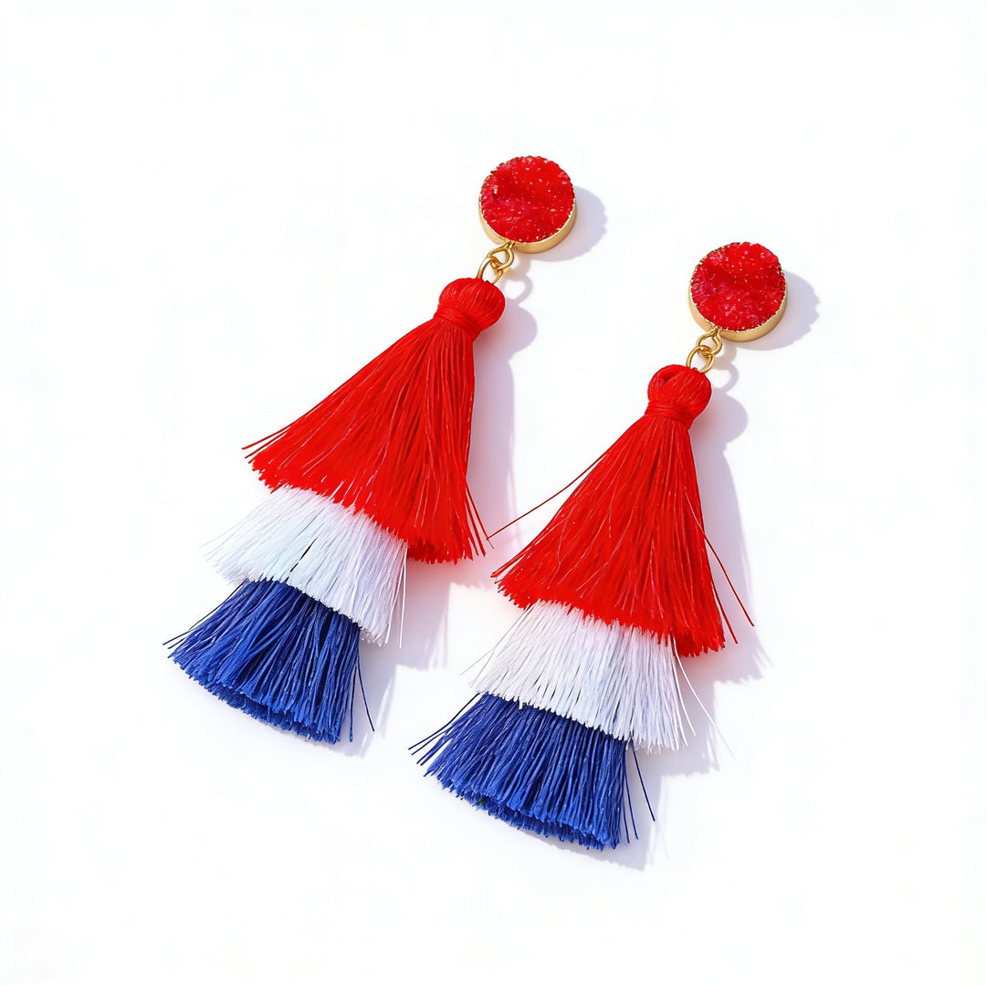 Women's nan tiered fringe tassel statement drop earrings with glitter disc stud and layered silk-like threads Kalsten