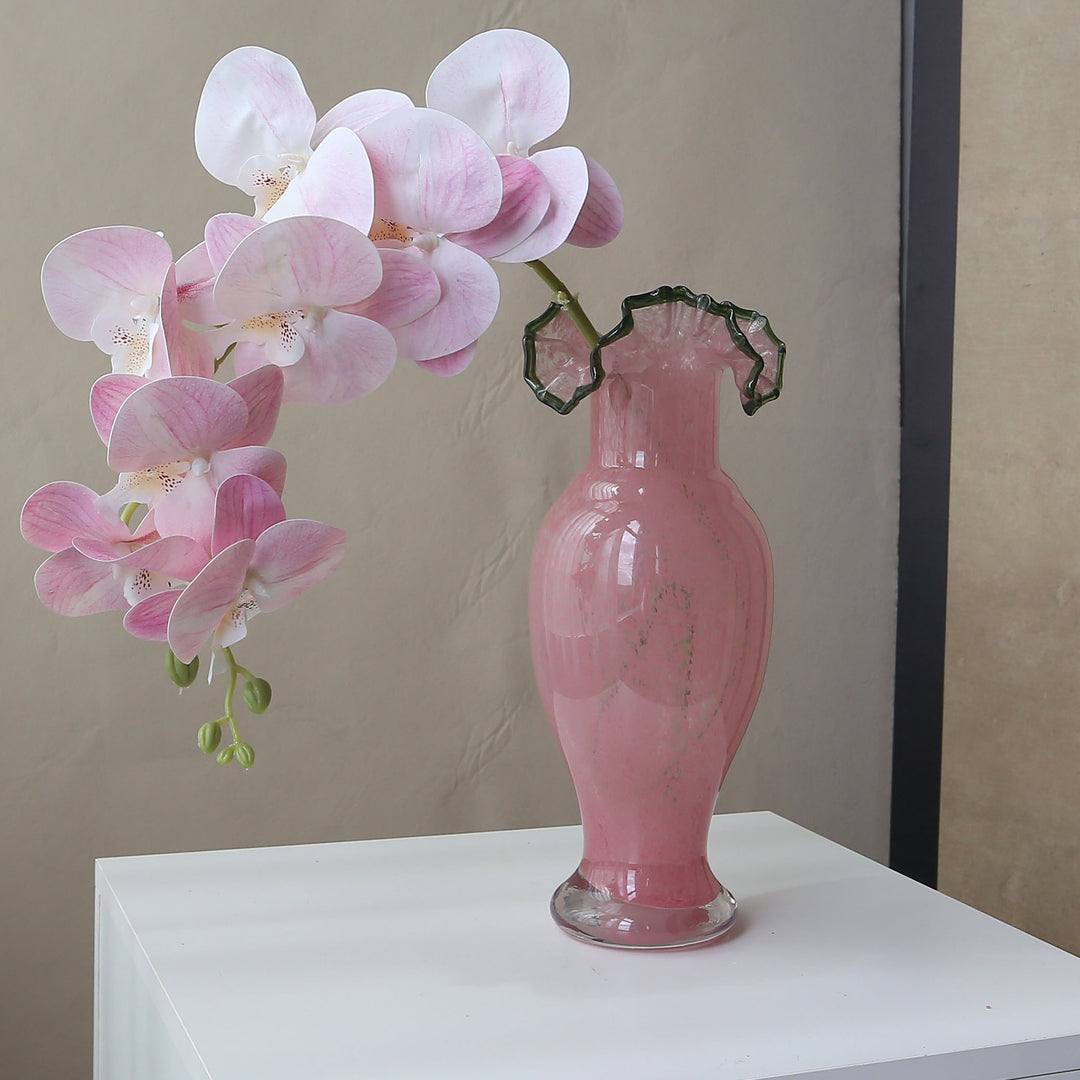 Handblown Ruffled-Edge Tall Pedestal Art Glass Vase Kalsten