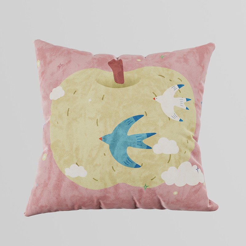 Decorative Velvet Square Throw Pillow with Illustrated Apple & Swallow Motif